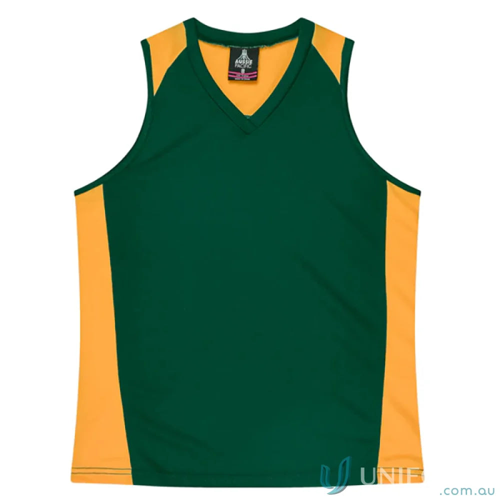 Green and gold Ladies Premier Singlet with fabric neck bind and V-neck style