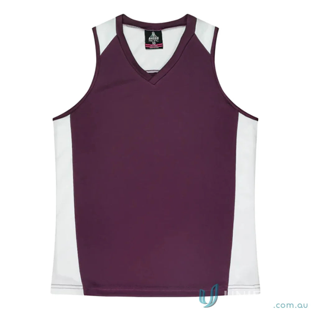 Ladies Premier Singlet with maroon and white fabric neck bind for sporty style
