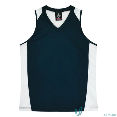 Navy and white V-neck Ladies Premier Singlet with comfortable fabric neck bind
