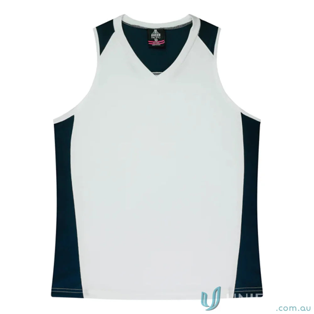 White and navy blue Ladies Premier Singlet with fabric neck bind for athletic comfort