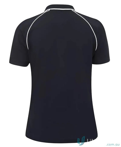 Black ladies raglan polo shirt with white piping along seams and collar for a stylish look