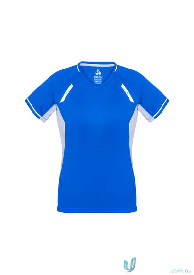 Blue and white athletic ladies renegade tee from Biz Collection Ladies short sleeve top