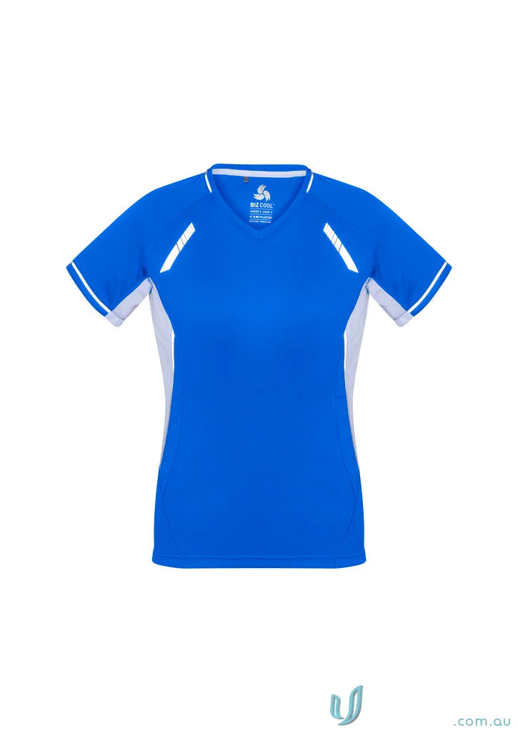 Blue and white athletic ladies renegade tee from Biz Collection Ladies short sleeve top