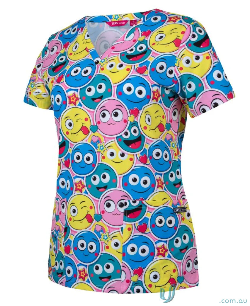 Emoji-patterned Ladies Scrub Top with smiley faces, perfect for beauty therapists uniforms
