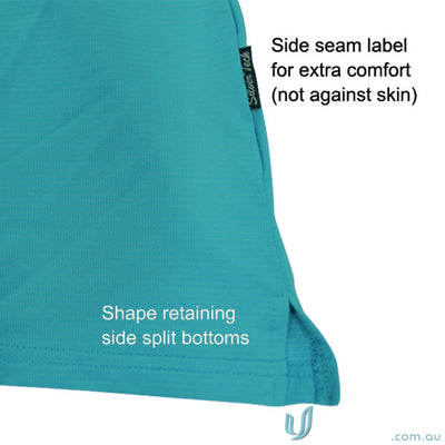Ladies SilverTech Polo in turquoise with side label, split bottoms, featuring nano-scale silver technology and cool dry® performance fabric yarn-treated
