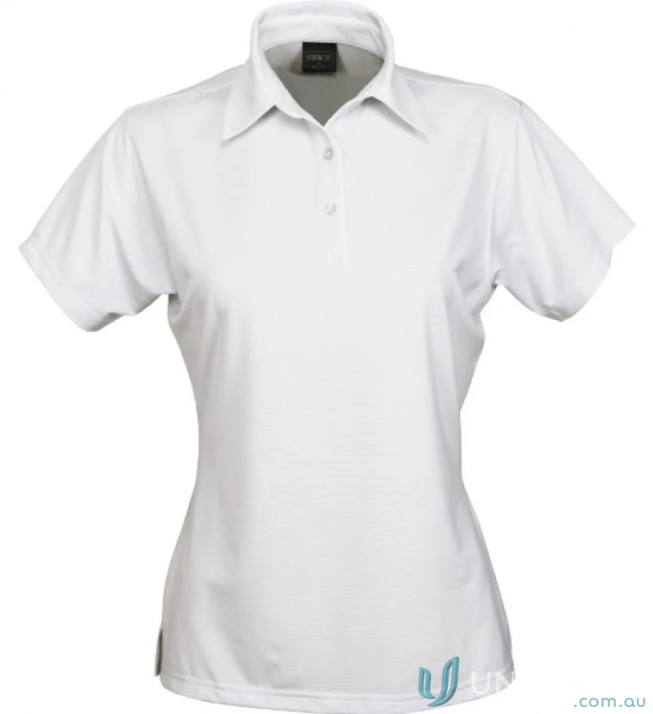 White womens Polo shirt made with nano-scale silver technology and performance fabric yarn-treated for cool dry® comfort
