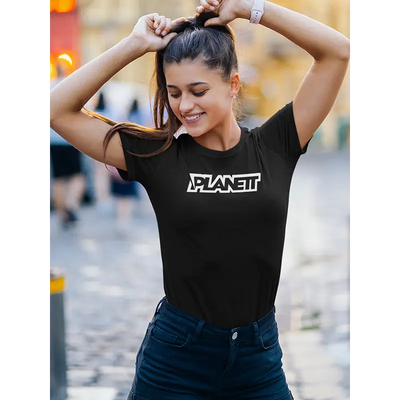 Black t-shirt with white logo.