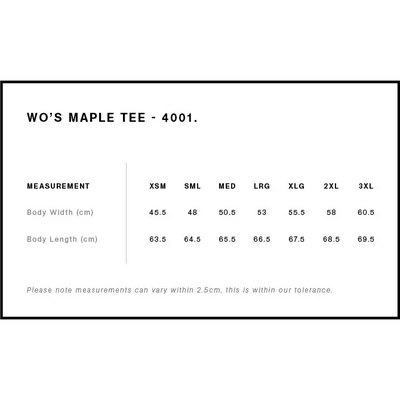 Women’s t-shirt size chart.