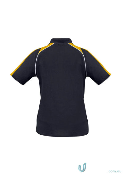 Ladies Triton Polo short sleeve in biz cool™ polyester with black, gold, and white accents