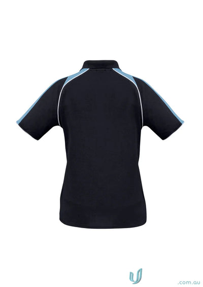 Ladies Triton Polo in black with light blue and white accents made from biz cool™ polyester