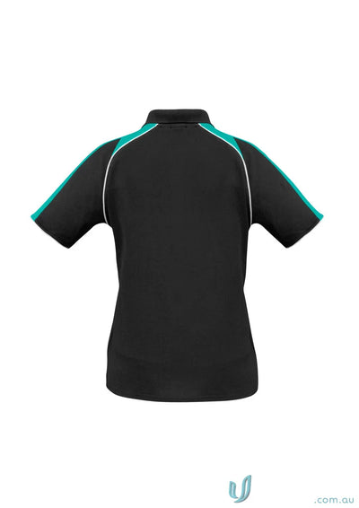 Ladies Triton Polo black with teal and white accents showcasing biz cool™ polyester fabric