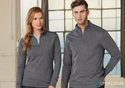 Two people wearing gray Ladies Ultimate Half Zip Long Sleeve Sweat Tops