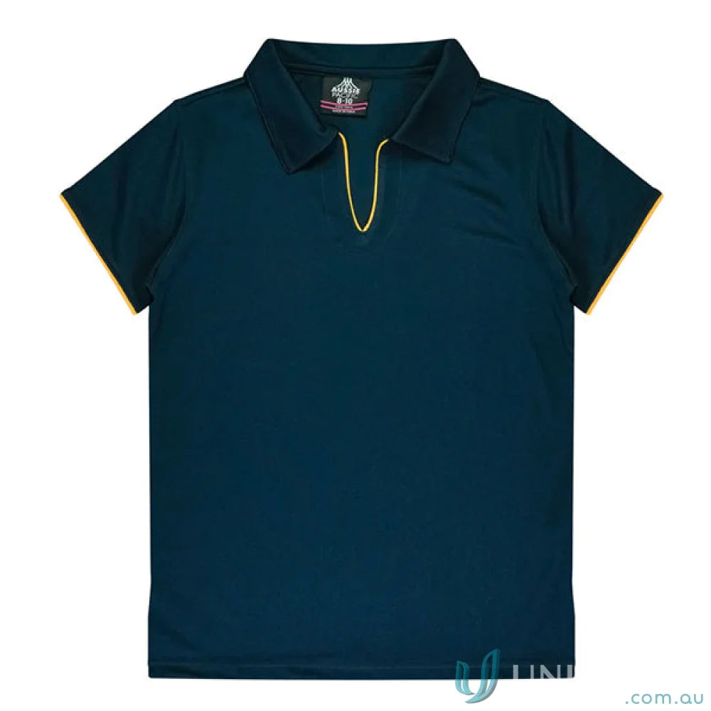 Dark blue Ladies Yarra Polo shirt with yellow trim, perfect for uniforms or workwear