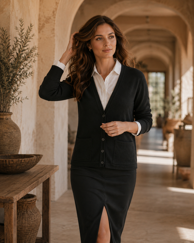 Woman in a black suit standing in an architectural hallway with plants and tables.