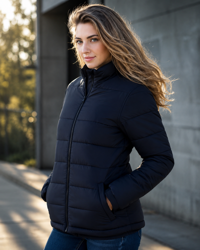 Woman wearing a black puffer jacket standing outdoors near a building.