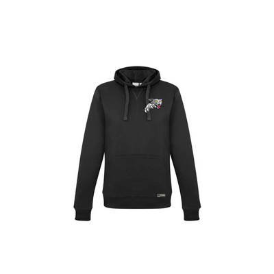 Black hooded sweatshirt with wolf graphic.