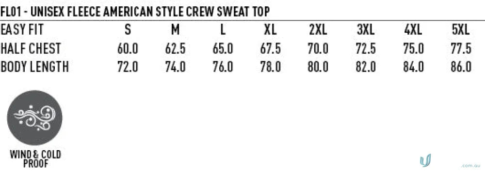 Unisex fleece sweatshirt size chart for work uniforms and workwear like LIDS (PRINT) Navy Crewneck