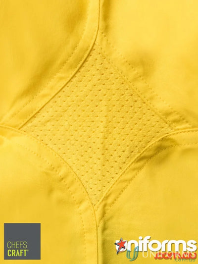 Close-up of yellow lightweight HiVis LS vented cotton drill shirt with mesh panel