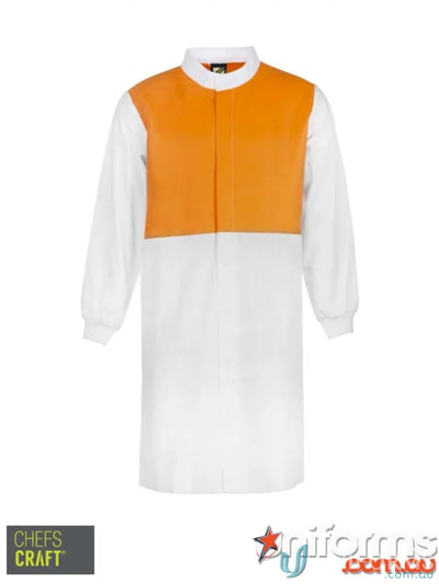 Orange and white long length chefs coat with mandarin collar for professional uniforms
