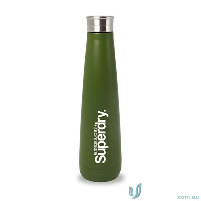 Green metal water bottle made of double-walled stainless steel for hot and cold drinks