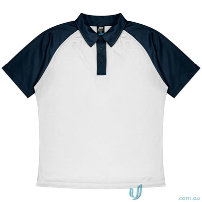 White mens polo shirt with dark blue raglan sleeves, perfect for uniforms and casual wear