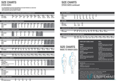 Size chart for Medi8 Unisex Reversible Scrub Top with convenient storage features