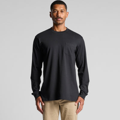 Charcoal gray long-sleeved t-shirt with chest pocket and ribbed neckline, made of cotton blend.