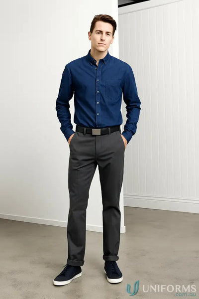 Man in blue shirt and gray pants with Biz Collection Mens silver satin finish corporate belt