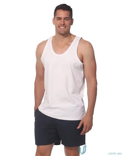 Man in white tank top and dark shorts wearing a premium cotton singlet from Winning Spirit Mens featuring cotton jersey fabric