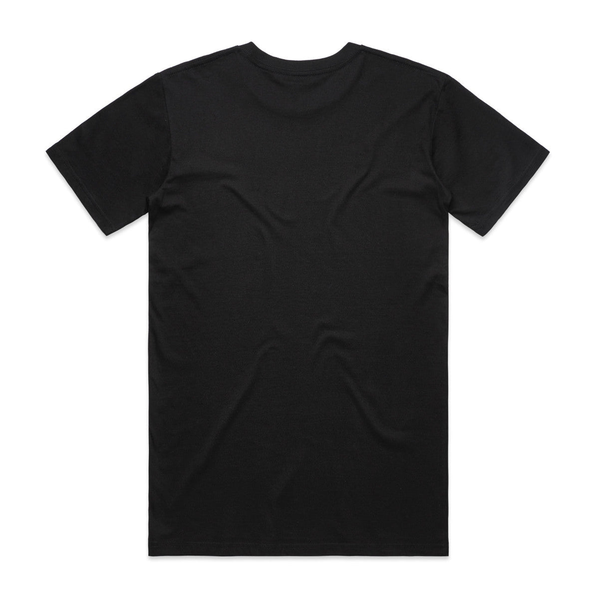 Black crew neck t-shirt with short sleeves and a relaxed fit.