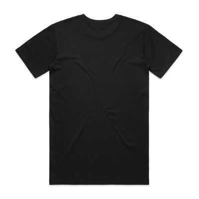 Black crew neck t-shirt with short sleeves and a relaxed fit.