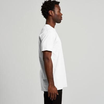 White crew neck t-shirt with black pants and a simple design.