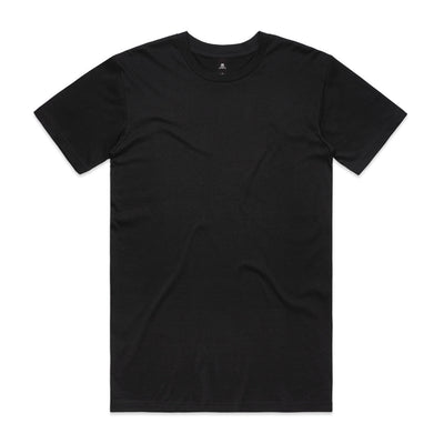 Black crew neck t-shirt with short sleeves and a simple design.