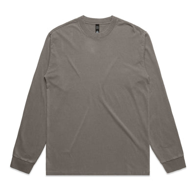 Charcoal gray long-sleeved t-shirt with ribbed cuffs and hem, featuring a simple crew neck design.