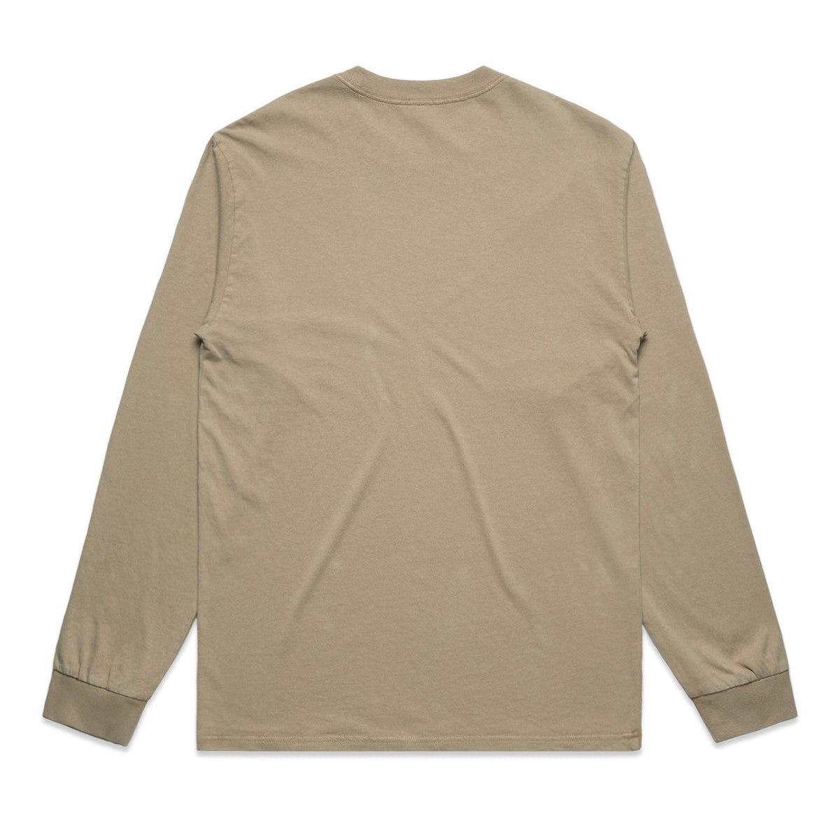 Beige long-sleeved t-shirt with ribbed cuffs and hem, likely made of cotton or polyester blend.