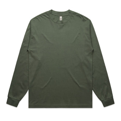 Olive green long-sleeved t-shirt with a crew neck and ribbed cuffs.