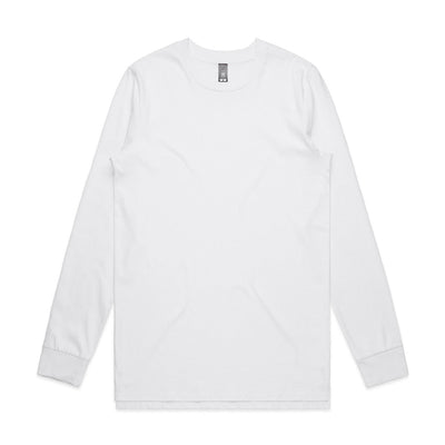 White long-sleeved t-shirt with a crew neck and ribbed cuffs.