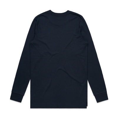 Navy blue long-sleeved t-shirt with a crew neck and ribbed cuffs.