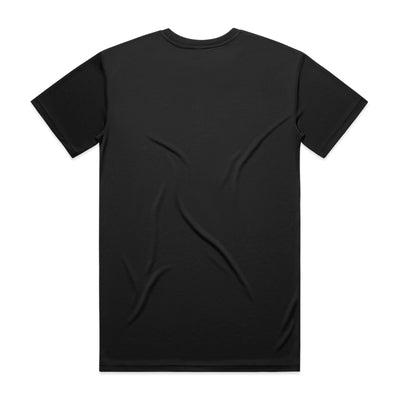 Black t-shirt with short sleeves and crew neck.