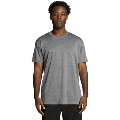 Heather gray crew neck t-shirt with short sleeves and a textured pattern.