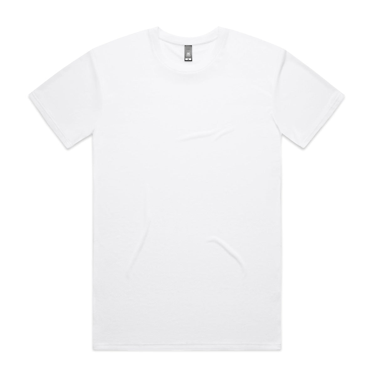 White crew neck t-shirt with short sleeves and a relaxed fit.