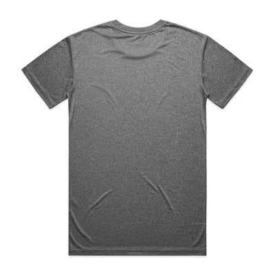 Charcoal heathered t-shirt with short sleeves and crew neck.