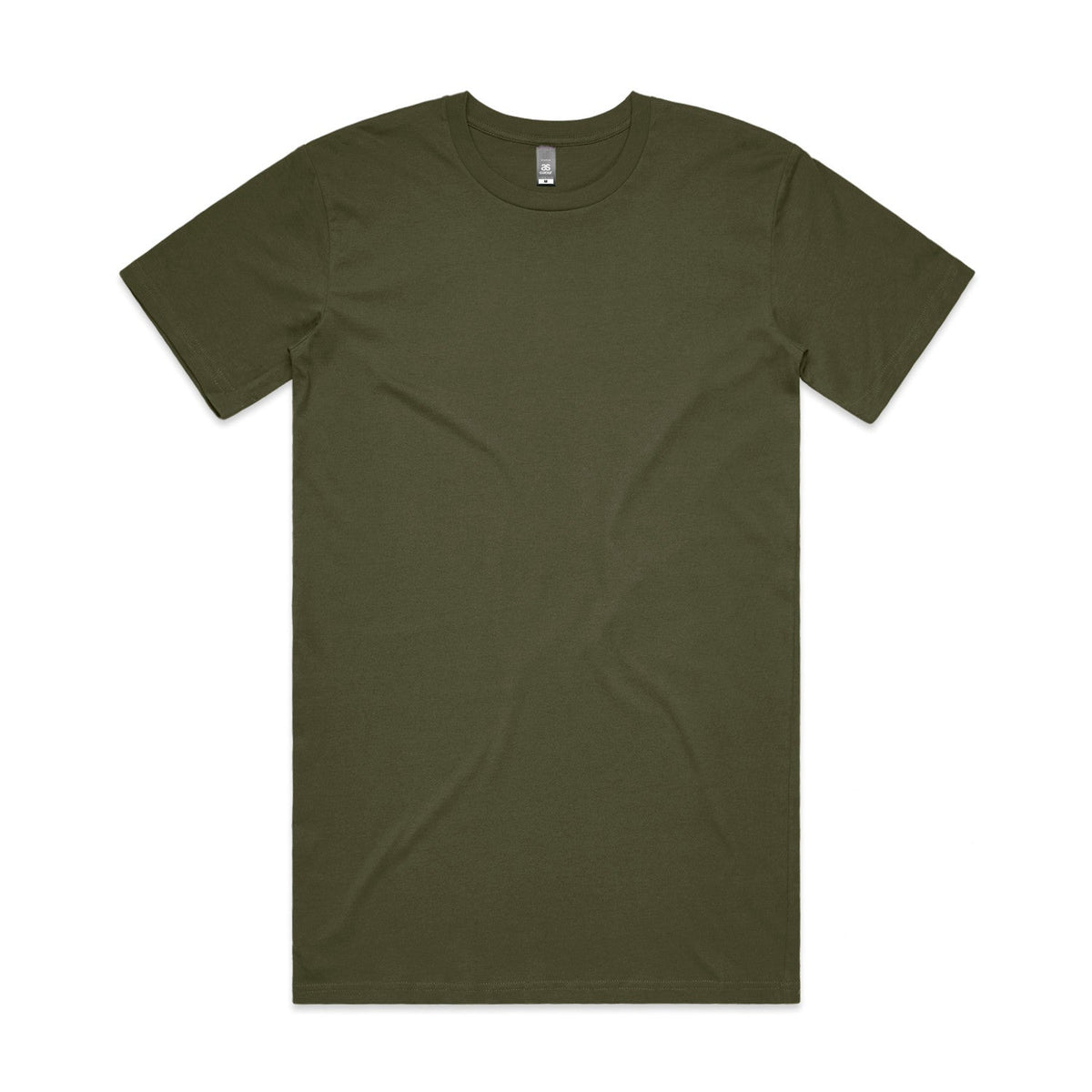 Olive green crew neck t-shirt with short sleeves and a simple design.