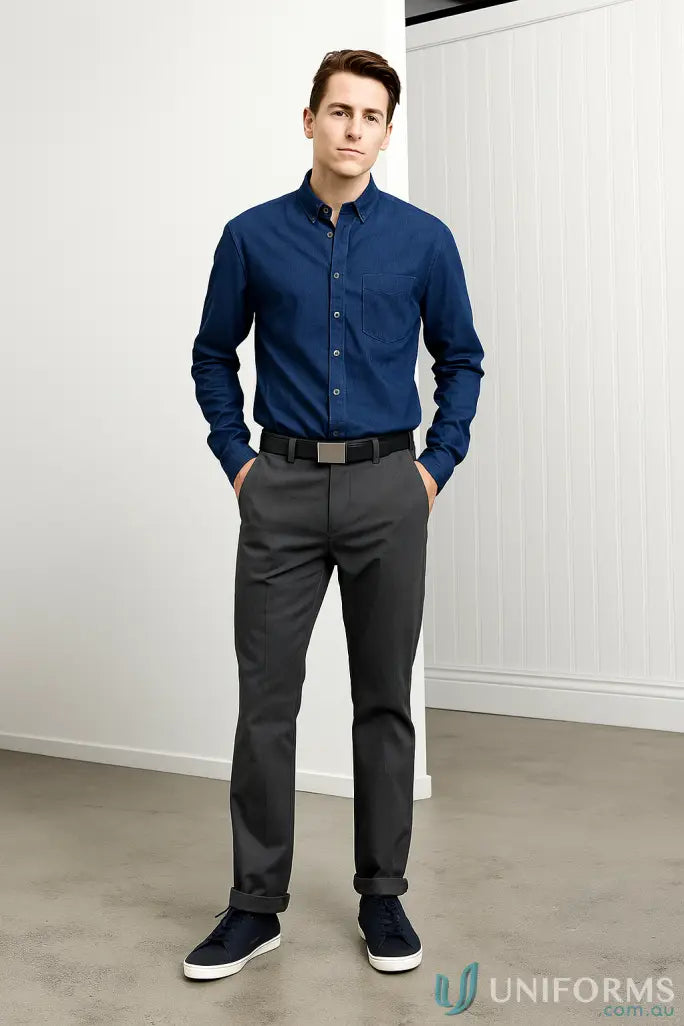 Man in a blue button-down shirt and gray pants wearing a Mens PU Belt for workwear