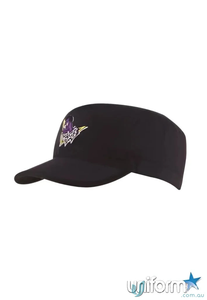 Black visor with purple yellow logo on mesh covered cotton twill fabric
