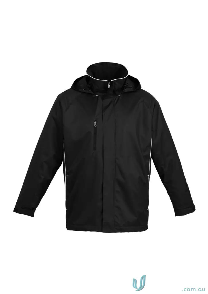 Black polyester hooded jacket with white trim from Mildura Central workwear collection