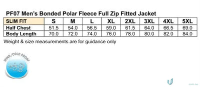 Mens jacket size chart for Mildura Central Mens Polar Jacket workwear uniforms