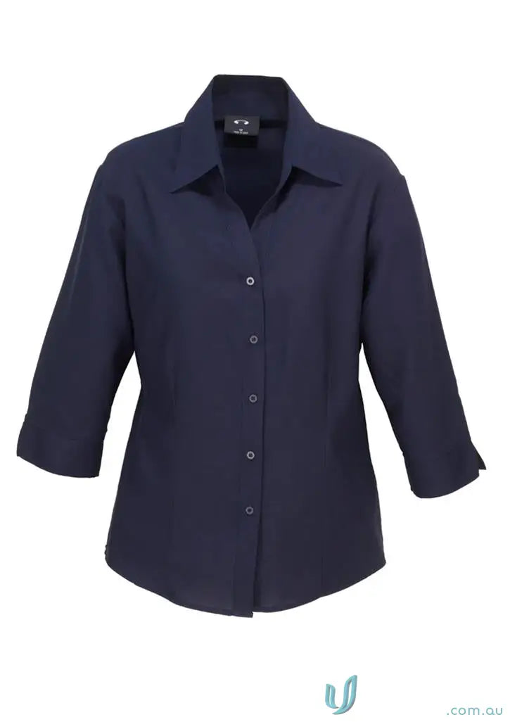 Navy blue ladies 3Q shirt with three-quarter sleeves and subtle stitching perfect for workwear and uniforms
