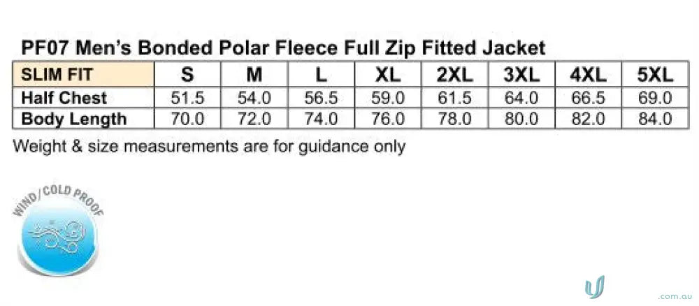 Mens jacket size chart for Mildura ELC Mens Polar Jacket workwear and uniforms