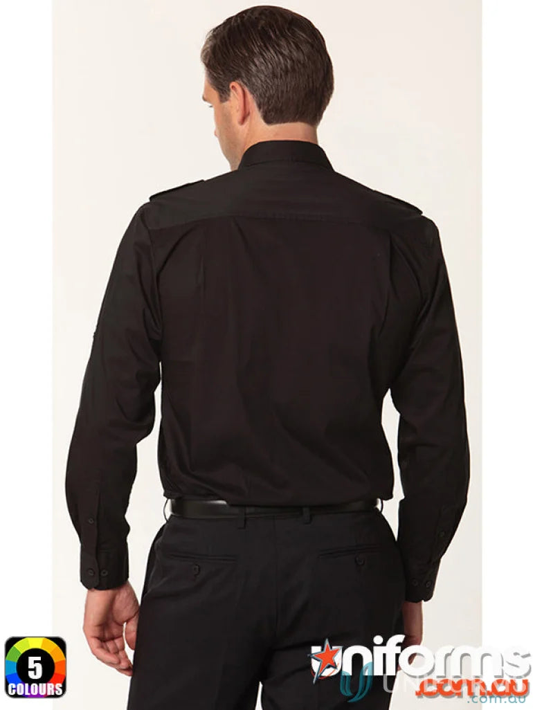 Black long-sleeved uniform shirt from Benchmark LS Military M7912 Mens Long collection